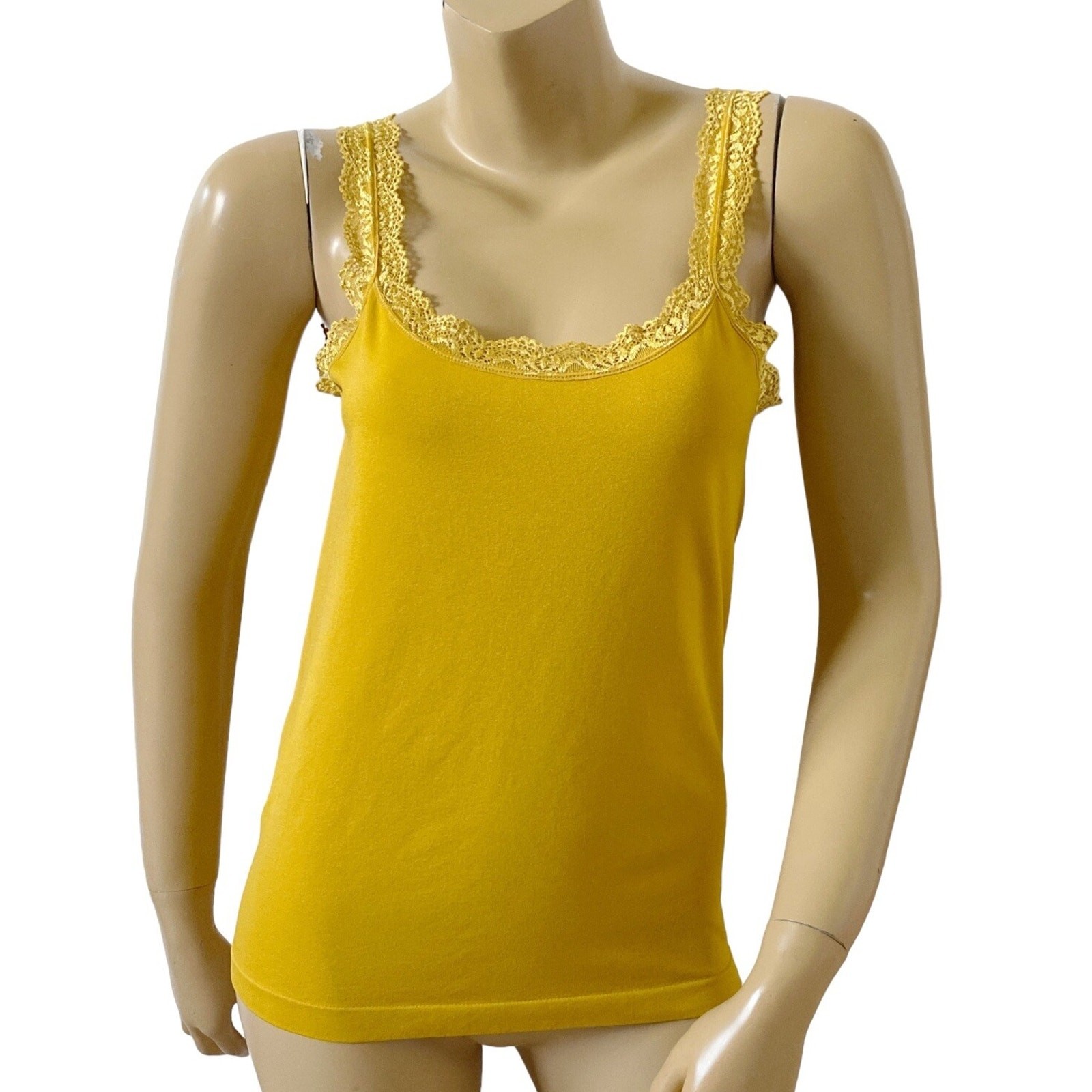 Kathy Curvy Lace Trim Tank Top Womens One Size Yellow Seamless Stretch Camisole