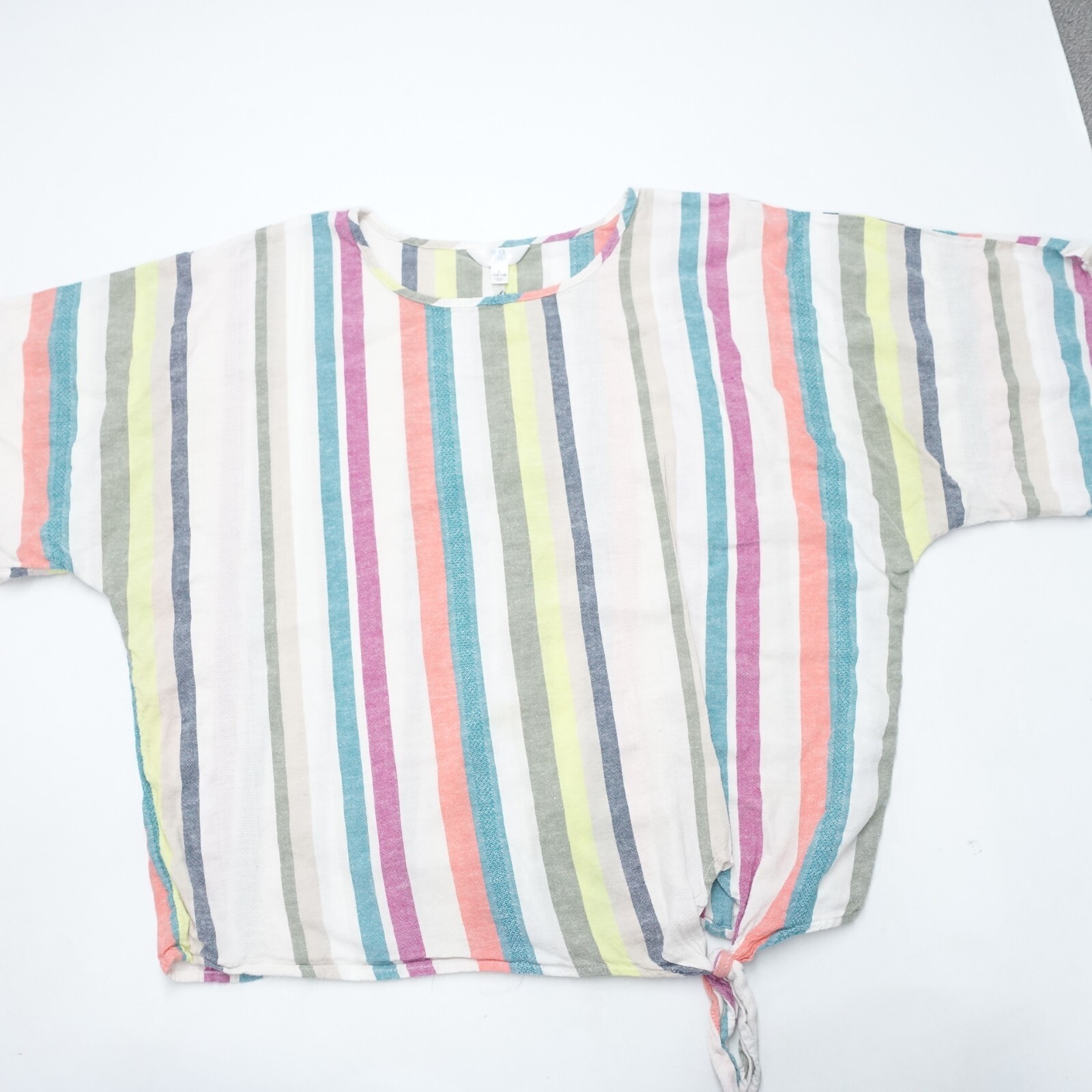 Time and Tru Cropped Top Womens L Multicolor Striped Round Neck Knotted Pullover