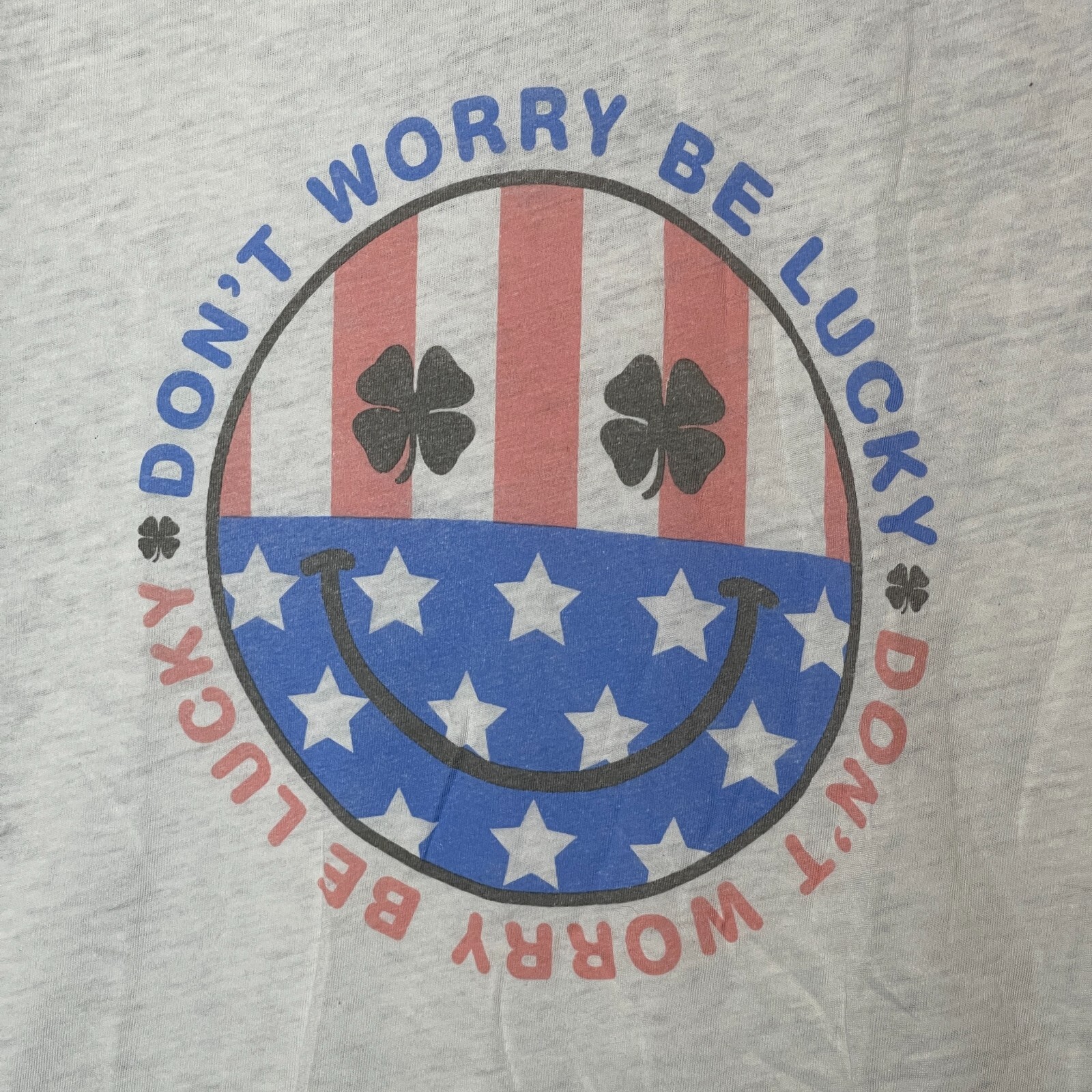 Lucky Brand Women Smiley Don’t Worry Be Lucky Flag Star Stripe Burnout T Shirt L