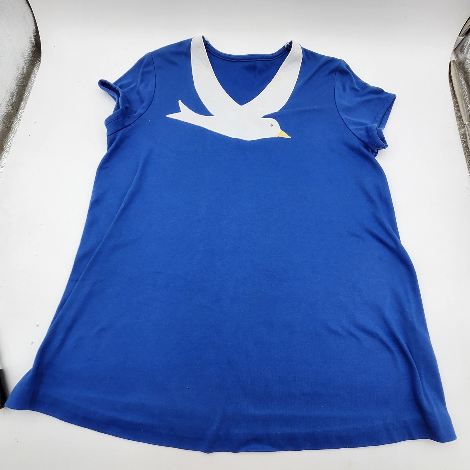 Vintage Blue Women’s Seagull Bird Embroidered V-Neck S/s Tee Shirt