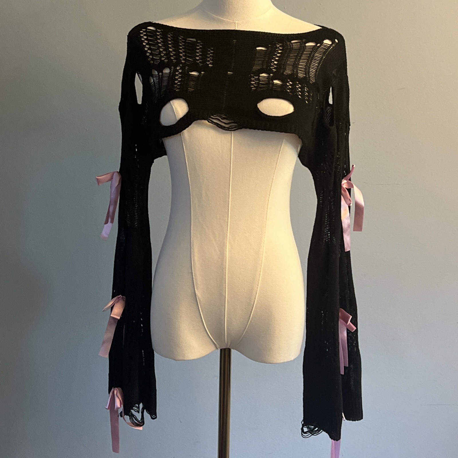 Black Whimsigoth Kawaii Knit Crop Top Sweater Distressed S Fairy Coquette Rave