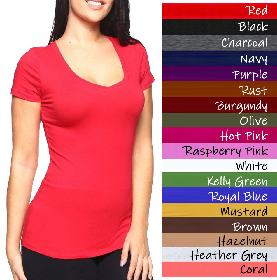 BOZZOLO V-Neck Short Sleeve T Shirt Basic Plain Solid Top Stretchy Cotton Tee