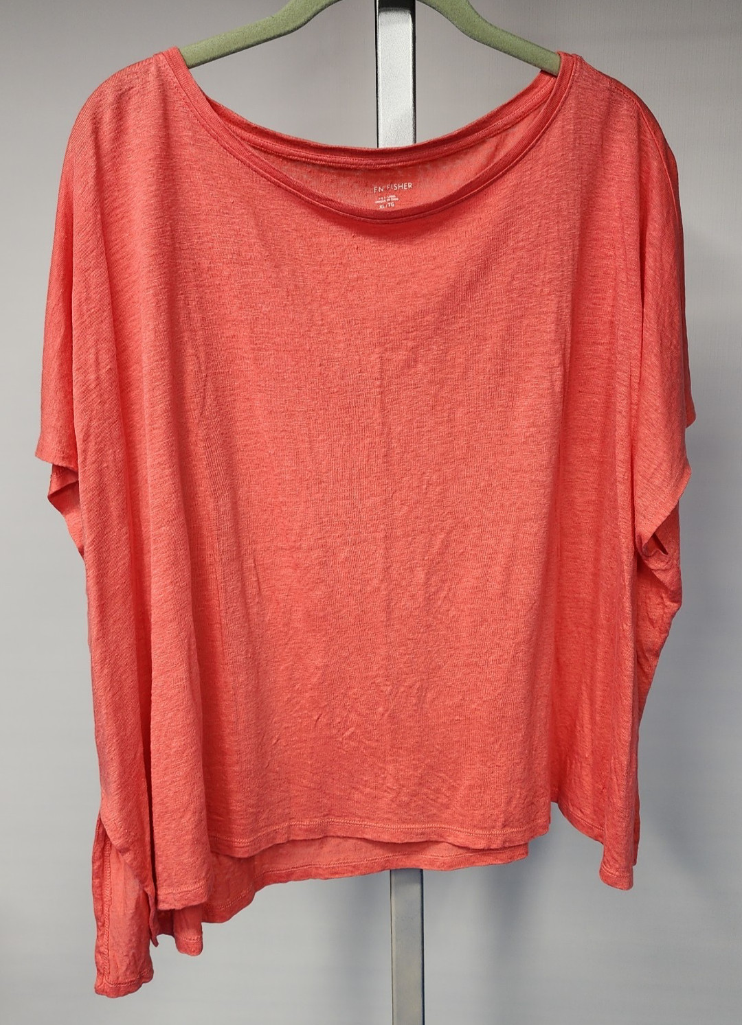 Eileen Fisher XL Organic Linen Coral Box Top Oversized Boat Neck Hi Lo Hem 60″ B