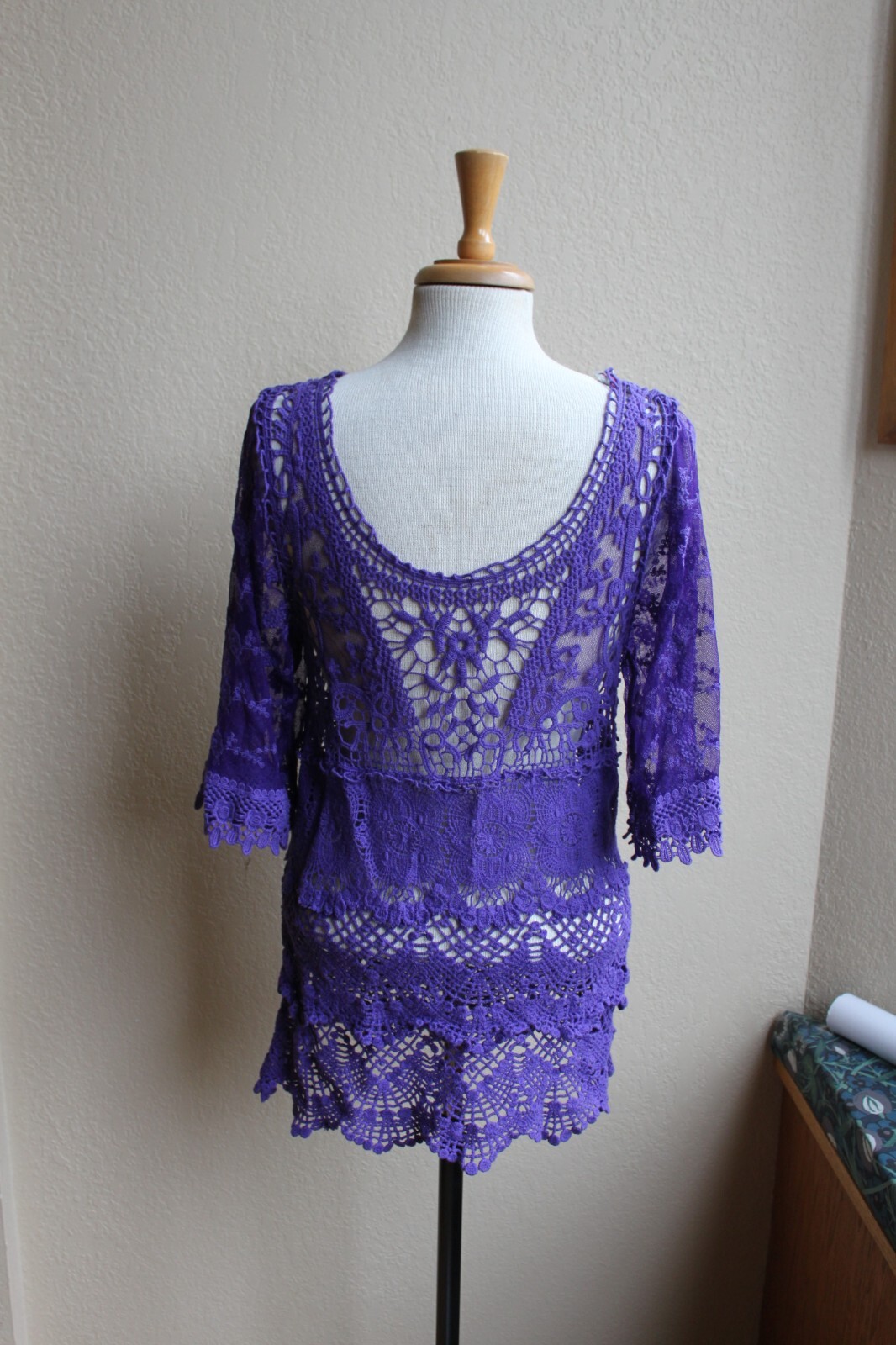 PRETTY ANGEL NWT Purple Irish Lace Crochet Mesh Lace-Up Back Shirt Top S