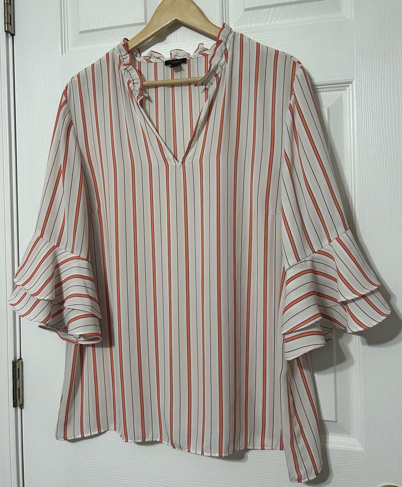 Ann Taylor Factory Blouse Top Orange Cream Stripe Ruffle Sleeve Women’s XL