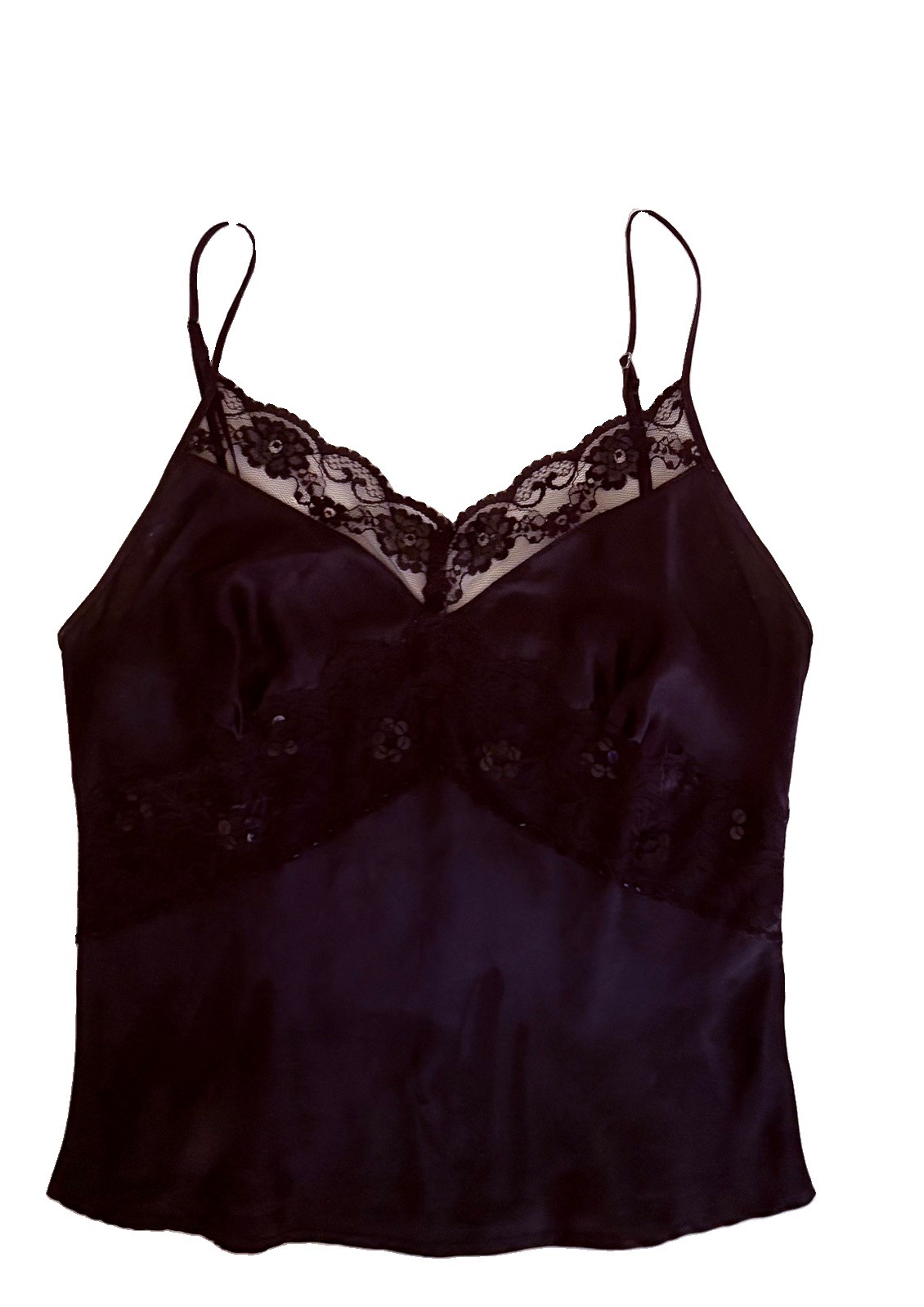 XOXO Vintage JUNIORS black lace sequin CAMI CAMISOLE SZ S SPAGHETTI STRAP