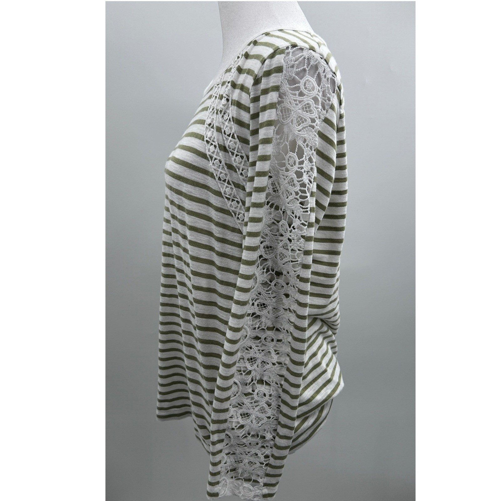 Womens Olive Green White Striped Long Sleeve Top Lace Crochet Detail Crew Neck