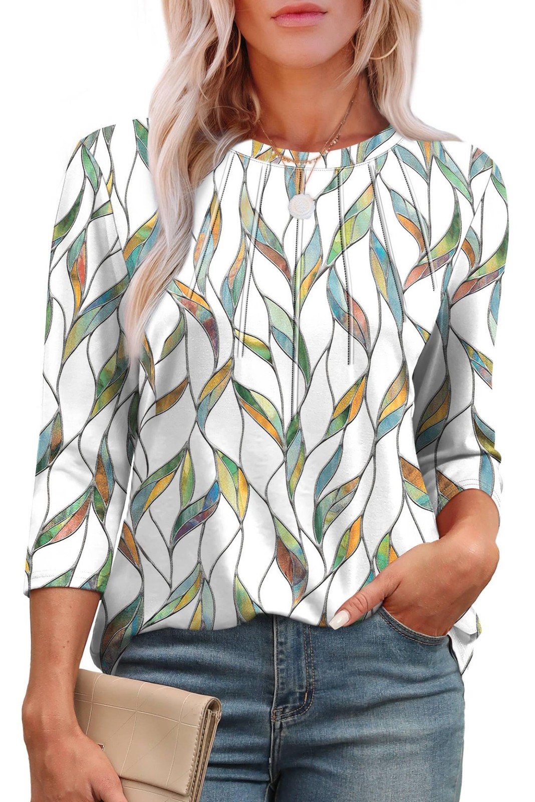 XIEERDUO Women’s 3/4 Length Sleeve Loose Fit Dressy White Print Spring L