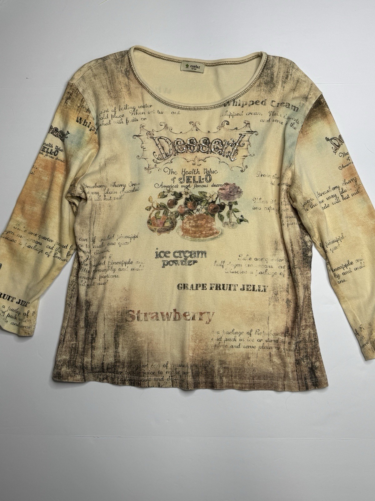 Vintage Cactus Womens L Dessert Recipe Graphic Long Sleeve Rhinestone Shirt Y2K