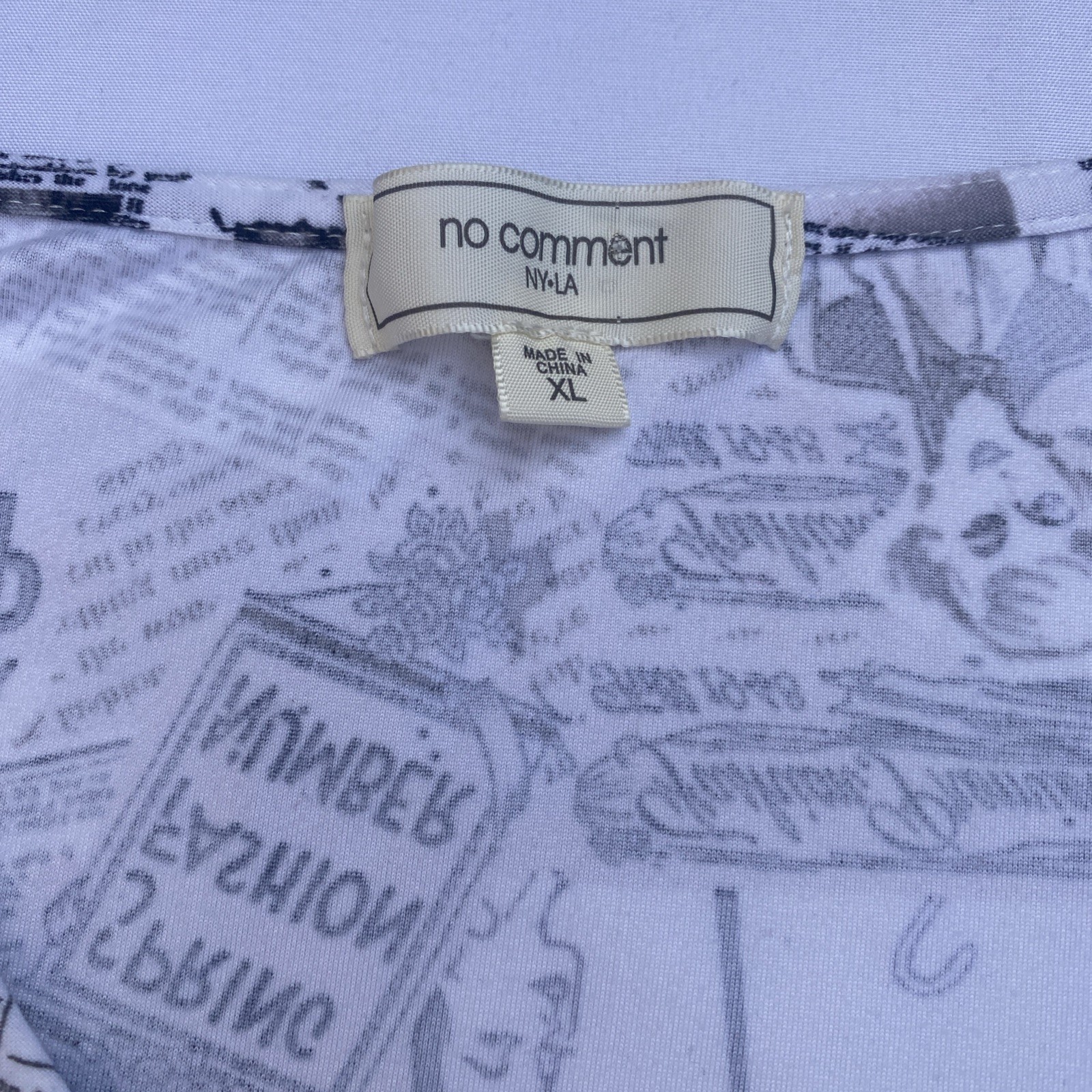No Comment NY LA Wrap Blouse Sexy Newspaper Print Knit Tie Top Shirt XL