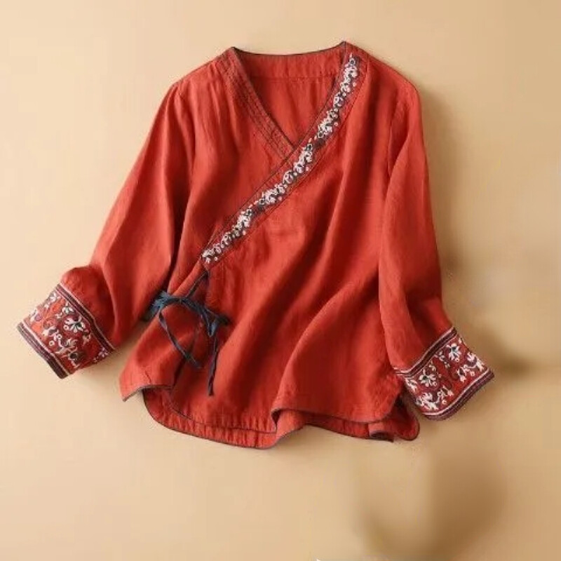 Lady Top Chinese Shirt Blouse Floral Hanfu Embroidery Floral Casual Ethnic Retro