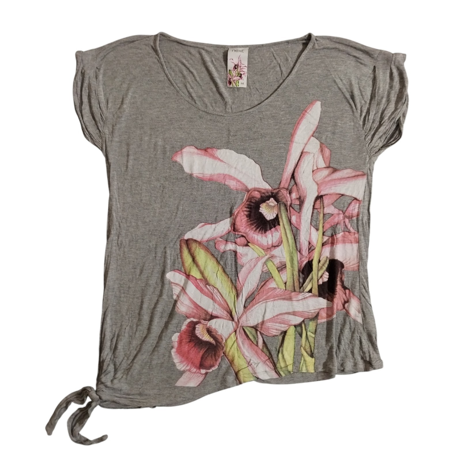 Next T Shirt Womens 14 Grey Heather Orchid Floral Asymmetric Tie Hem Pleat Y2K
