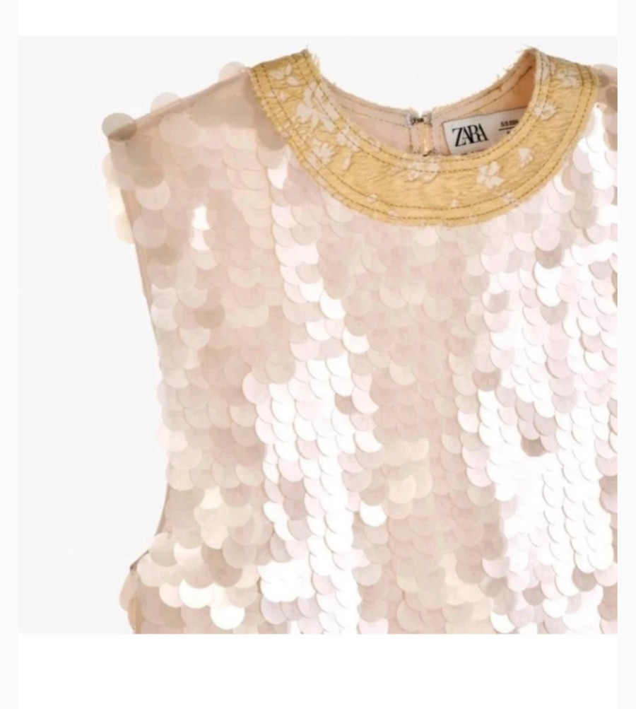Zara Sleeveless Limited Edition Oyster-Cream Gause Gold Silk Sequin Top Blouse S
