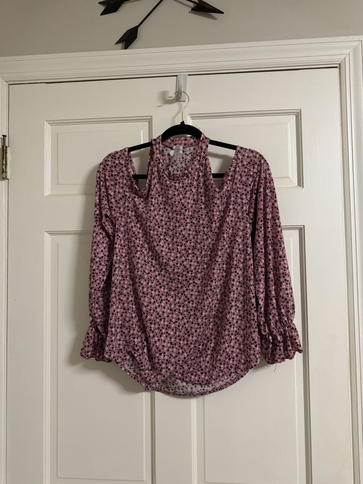 pink and black floral cold-shoulder top has a vibrant all-over flower design m