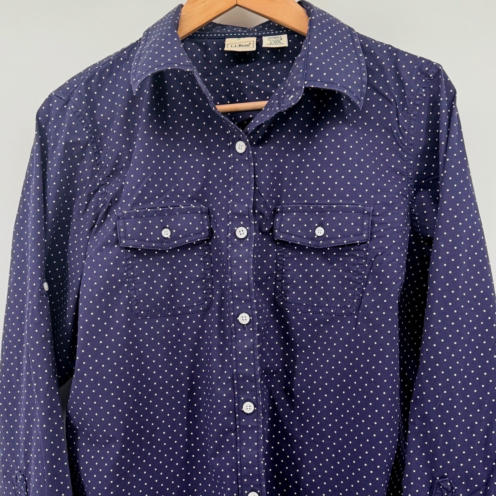 LL Bean Womens L Navy Blue Polka Dot Button Down Shirt Long Sleeve Roll Tab