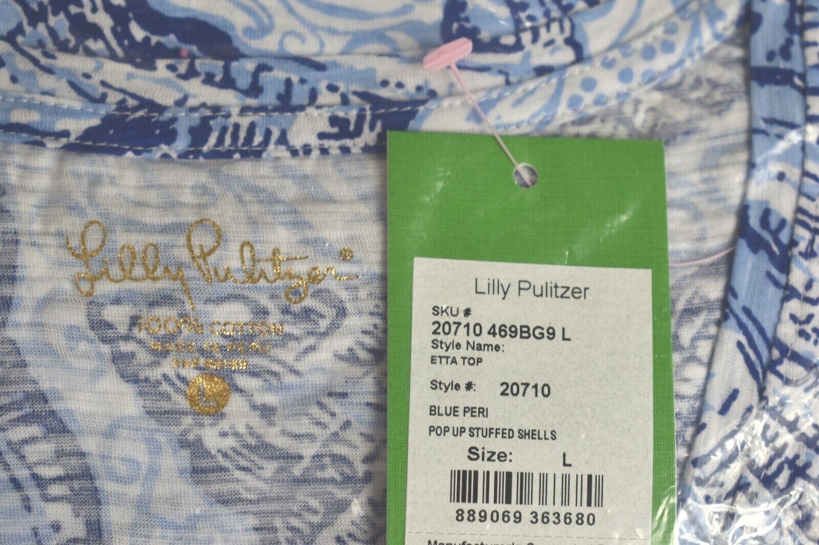 New Lilly Pulitzer Etta Top Blue Peri Pop Up Stuffed Shells White V Neck S M L