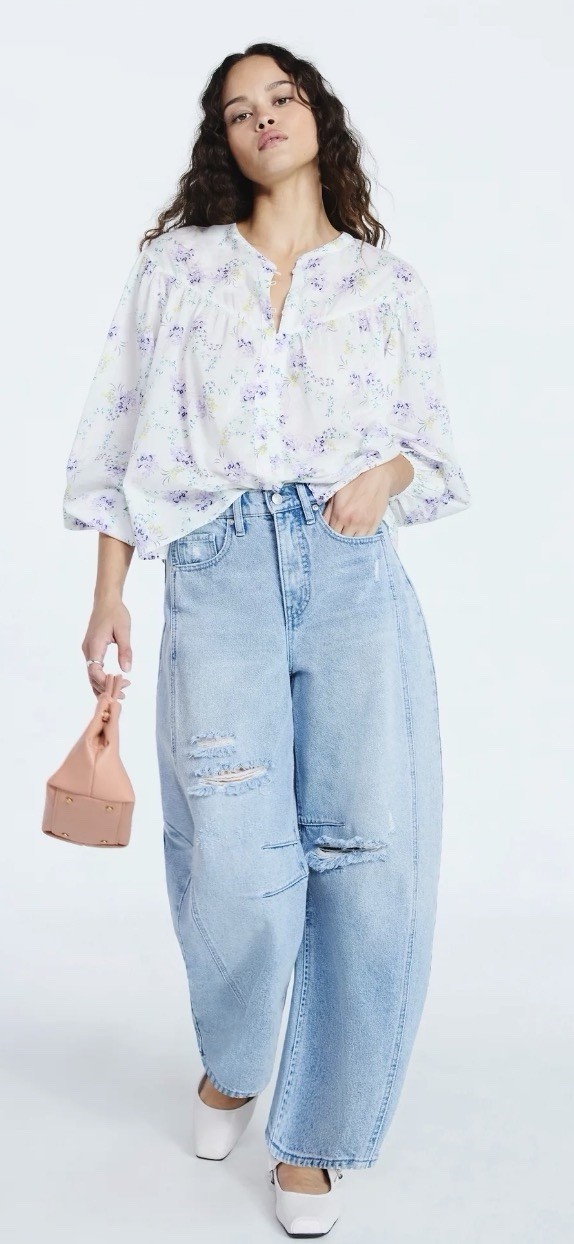 Scoop Button White Floral Print Boho Flowy Hippie Blouse X-SMALL NEW #16016-17