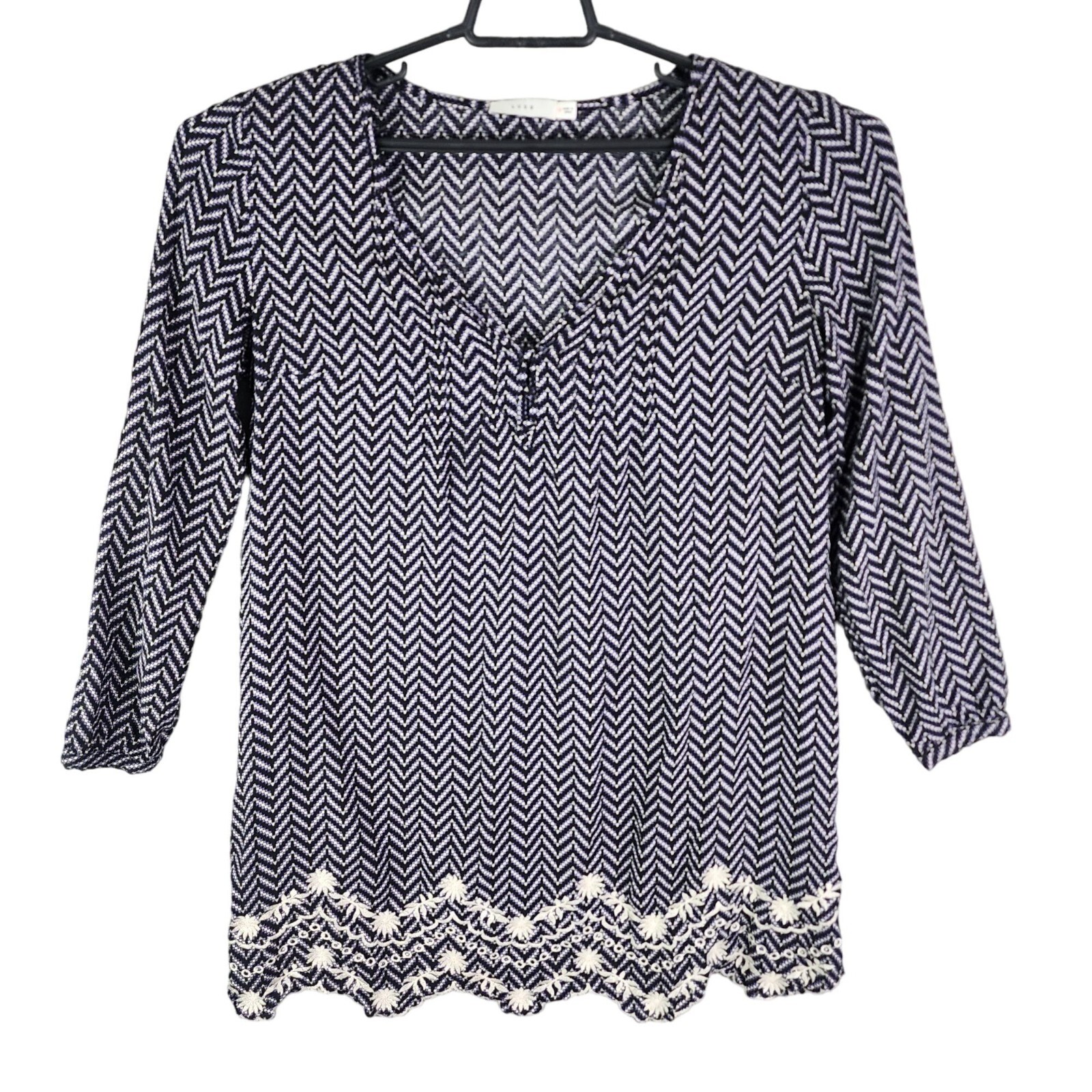 Women’s Lush Chevron Black White & Purple Pattern Blouse Top 3/4 Sleeves Size M