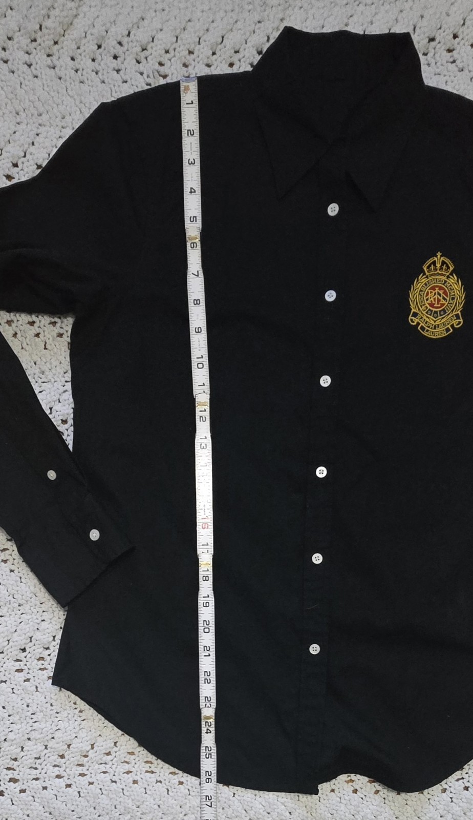 Lauren Ralph Lauren Womens M Black Button Down Shirt Embroidered Crest Logo READ