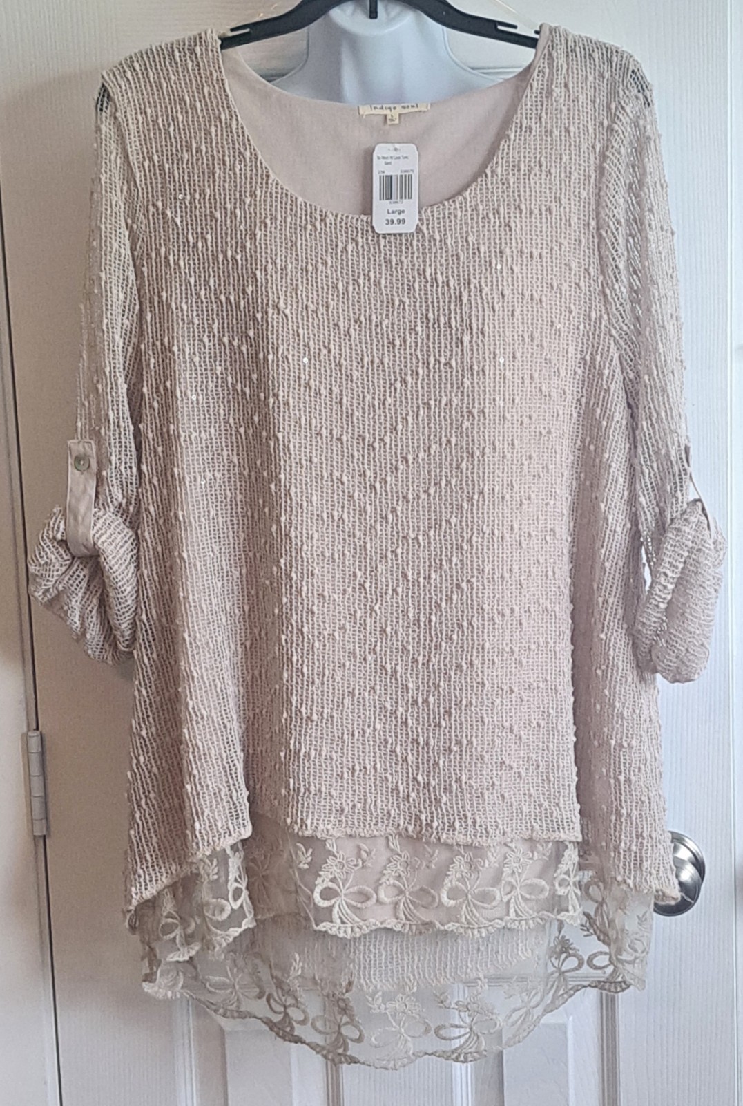 NWT Indigo Soul Tunic Top Lined Lacy Sparkly Roll Tab 3/4 Sleeve Women’s LARGE