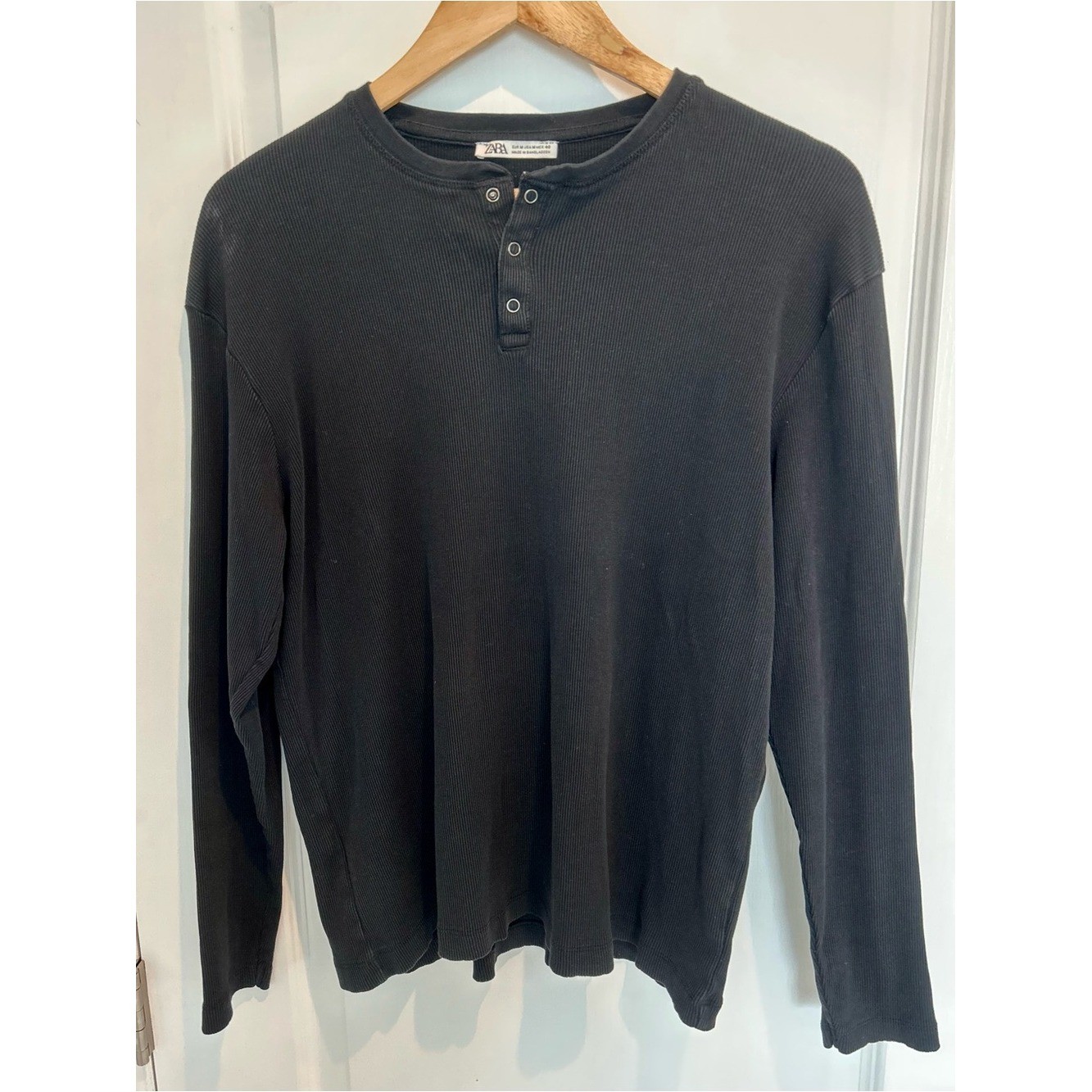 Zara Black Ribbed Snap Henley Long Sleeve Top Women’s Medium Basic 100% Cotton