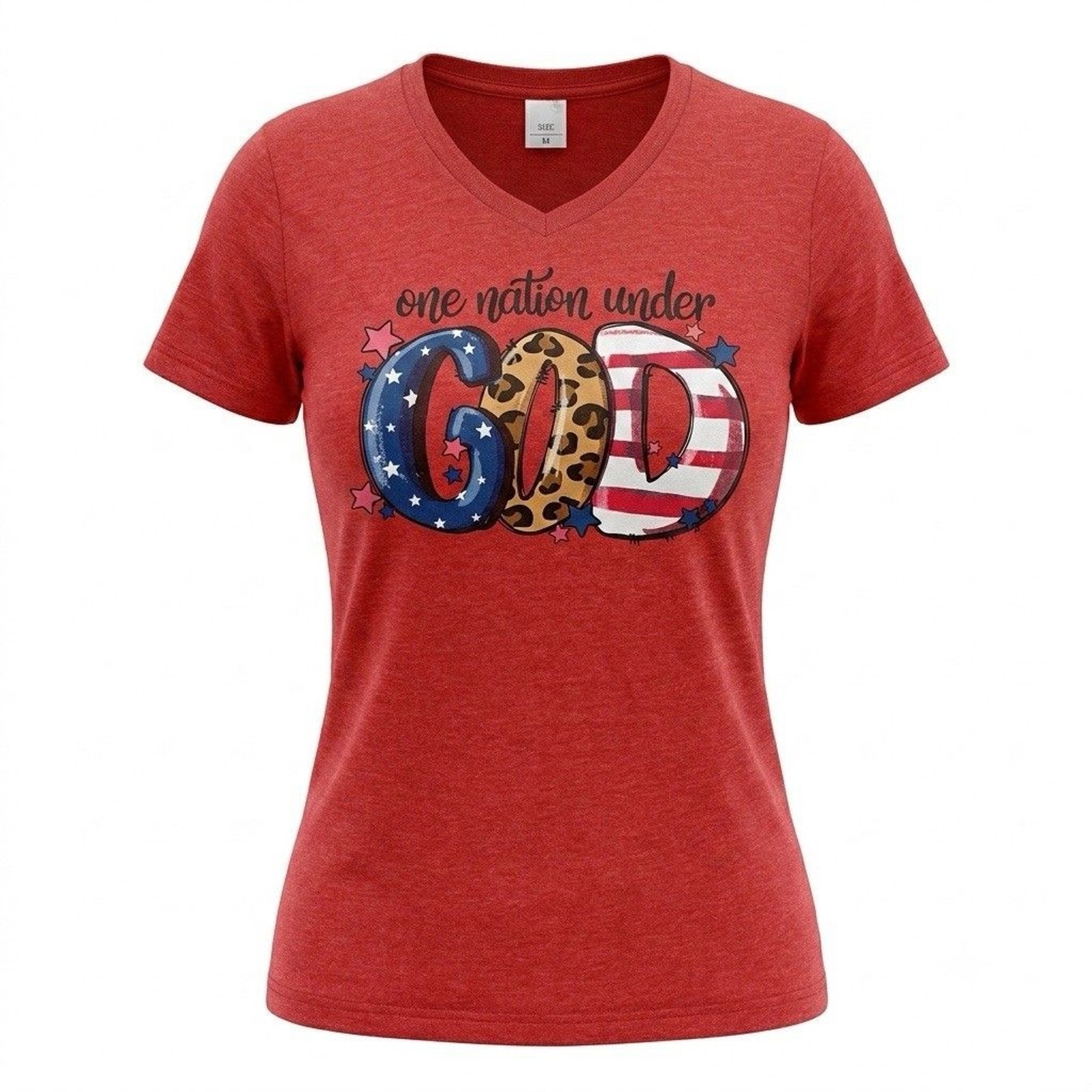 LiF Apparel Women’s Red V-Neck “One Nation Under God” Graphic Tee Size L