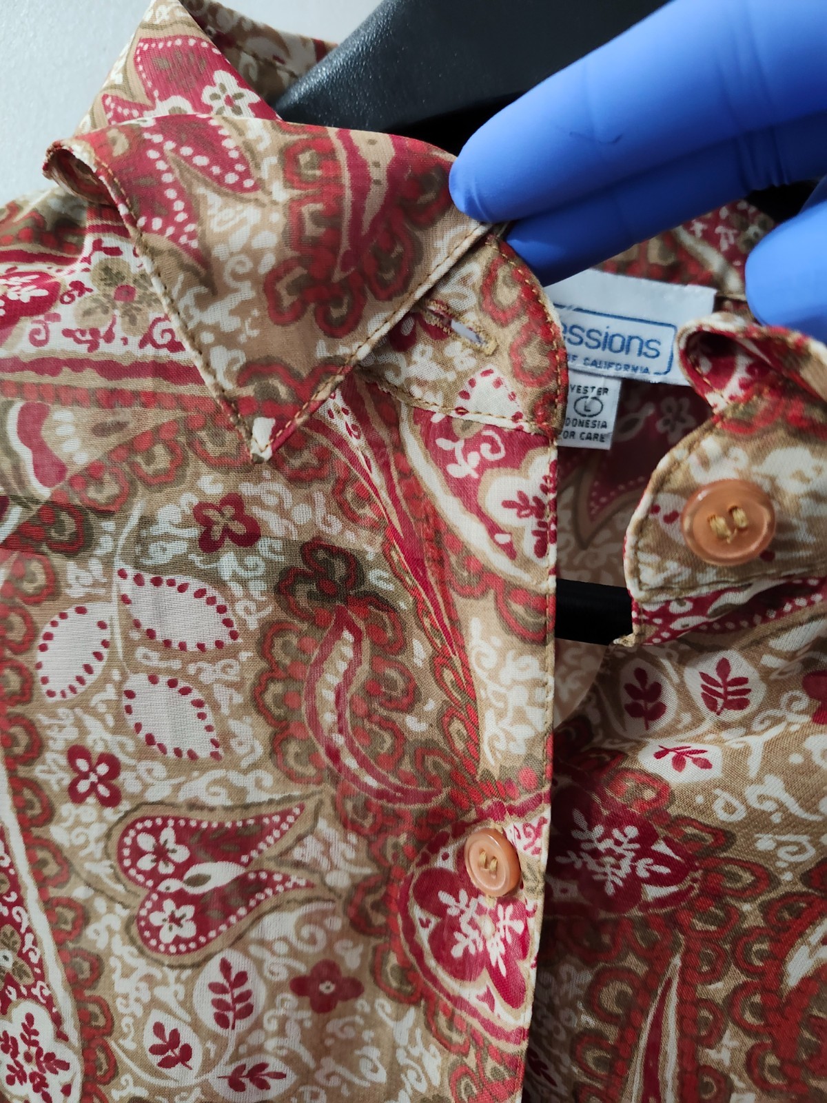 Impressions Of California Top Womens L Blouse Button Up Paisley AOP VTG 80s 90s