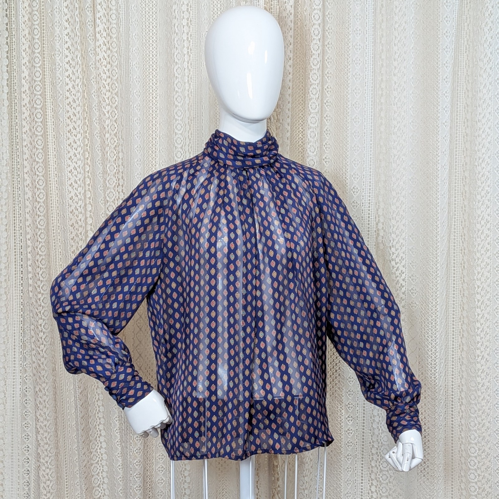 Vtg 80s Tess Petites Sheer Edwardian Purple Gold Jewel Silky Shimmer Blouse sz L