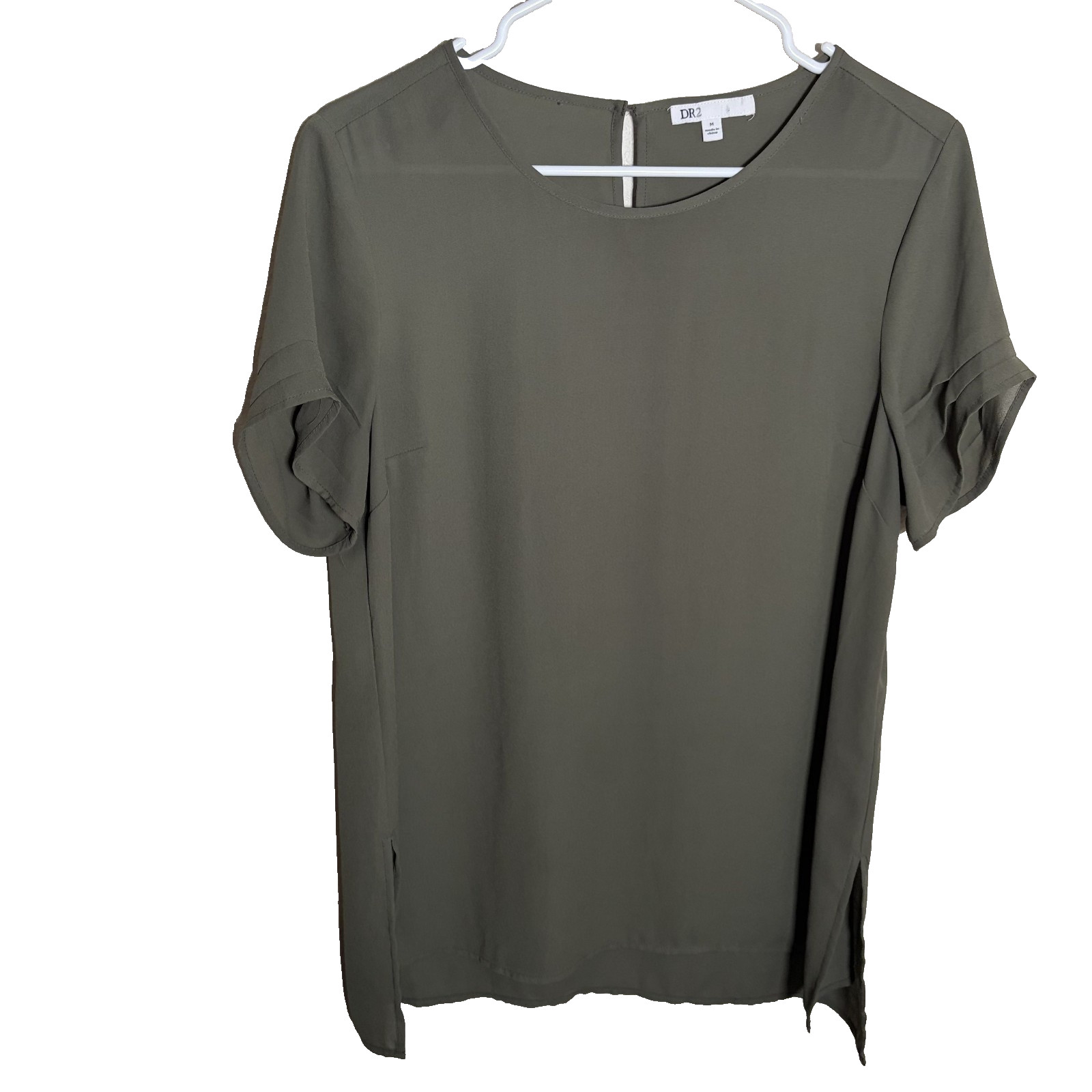DR2 Blouse Women’s Medium Green Lightweight Short Sleeve Tunic Casual Top Shirt