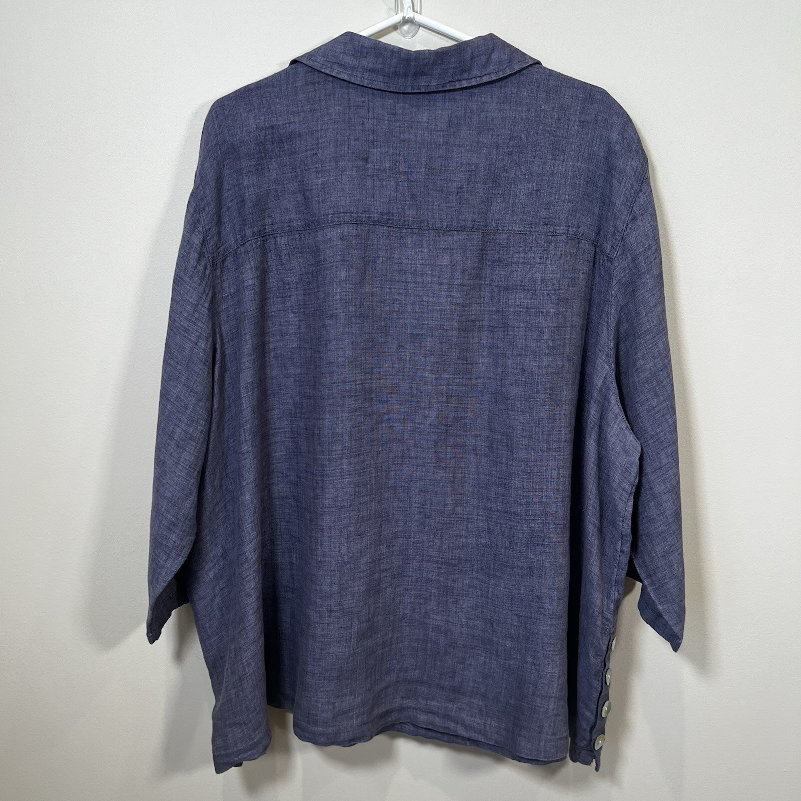 Tahari Womens 100% Linen Tunic Top 3X Blue Split Neck Popover Button Side Detail