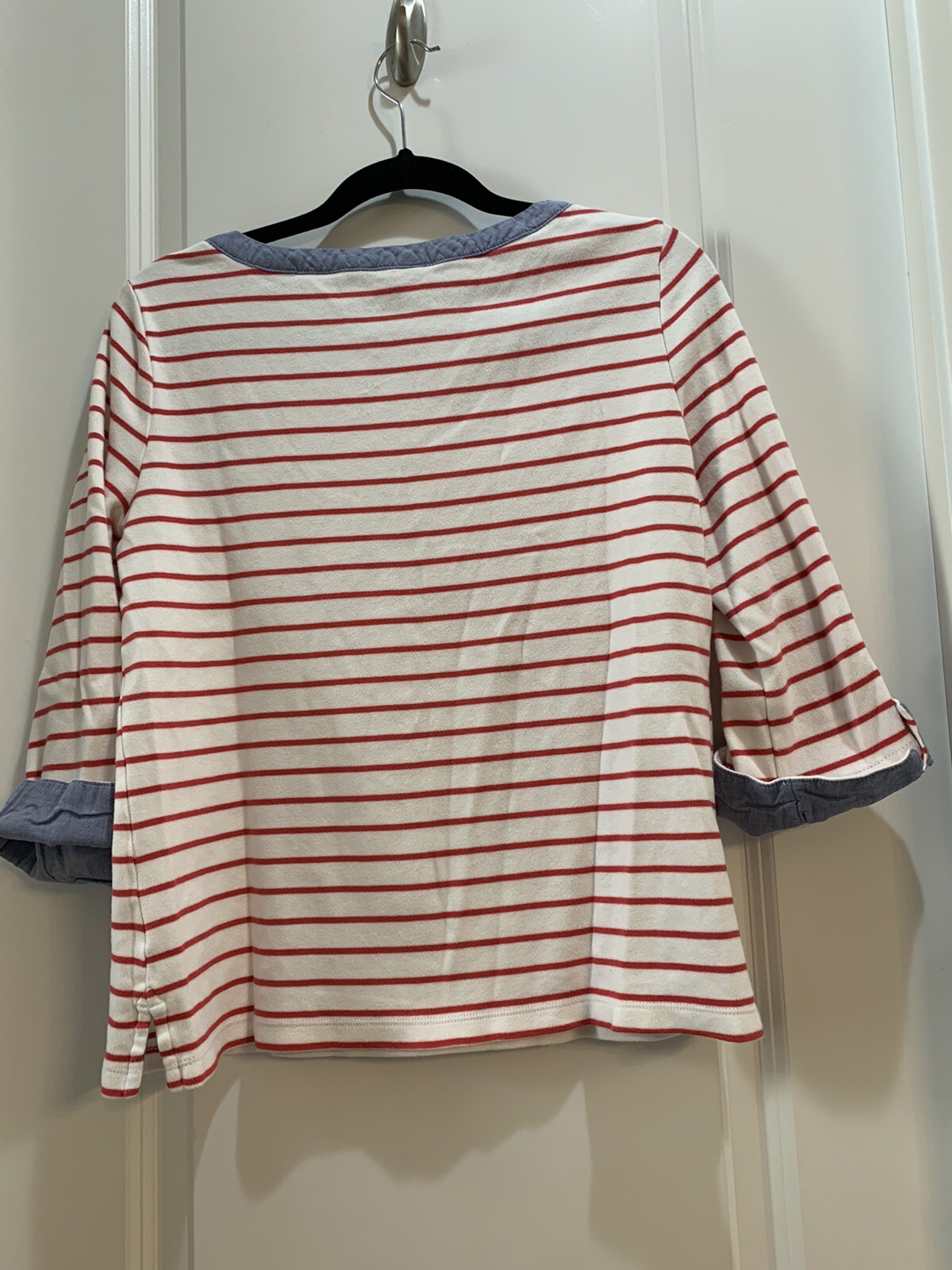 Nautica Red/White Stripes 3/4 Cuffed Sleeve Tee Large Boatneck Cotton