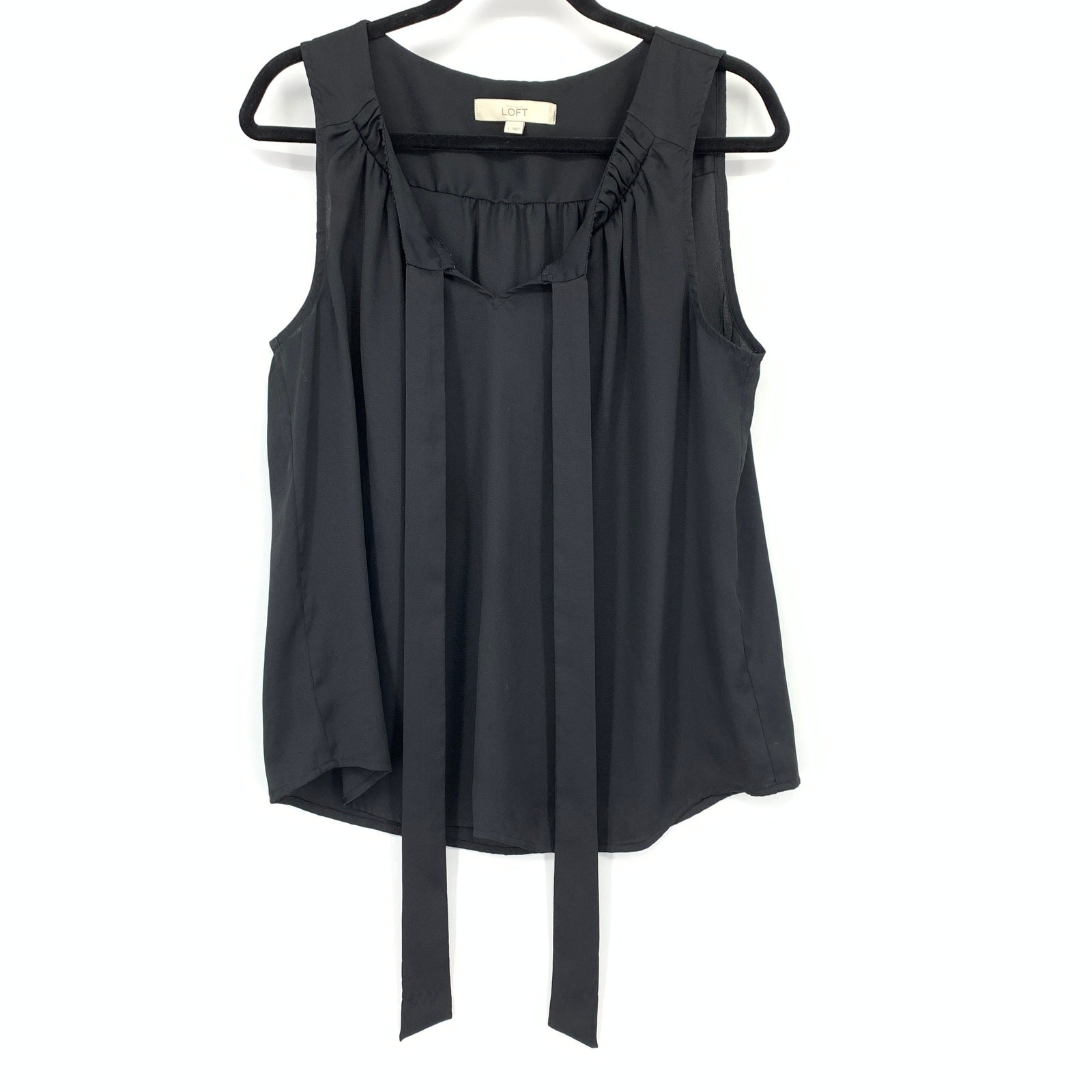 Loft Tie Neck Sleeveless Blouse Womens Size Large Black Pleated Neckline