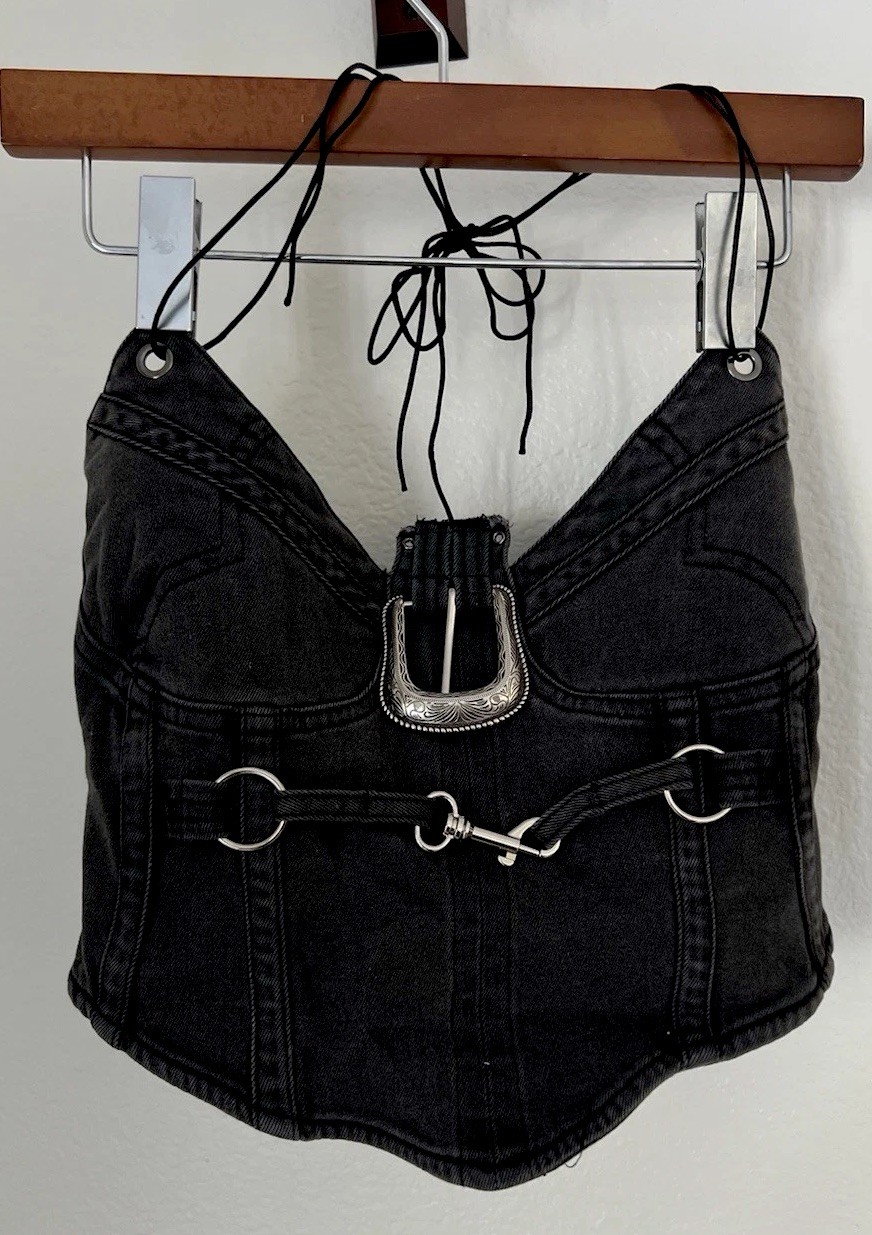 Finesse Small Black Denim Corset Top Western Buckle Bustier Halter #0007 Y2K