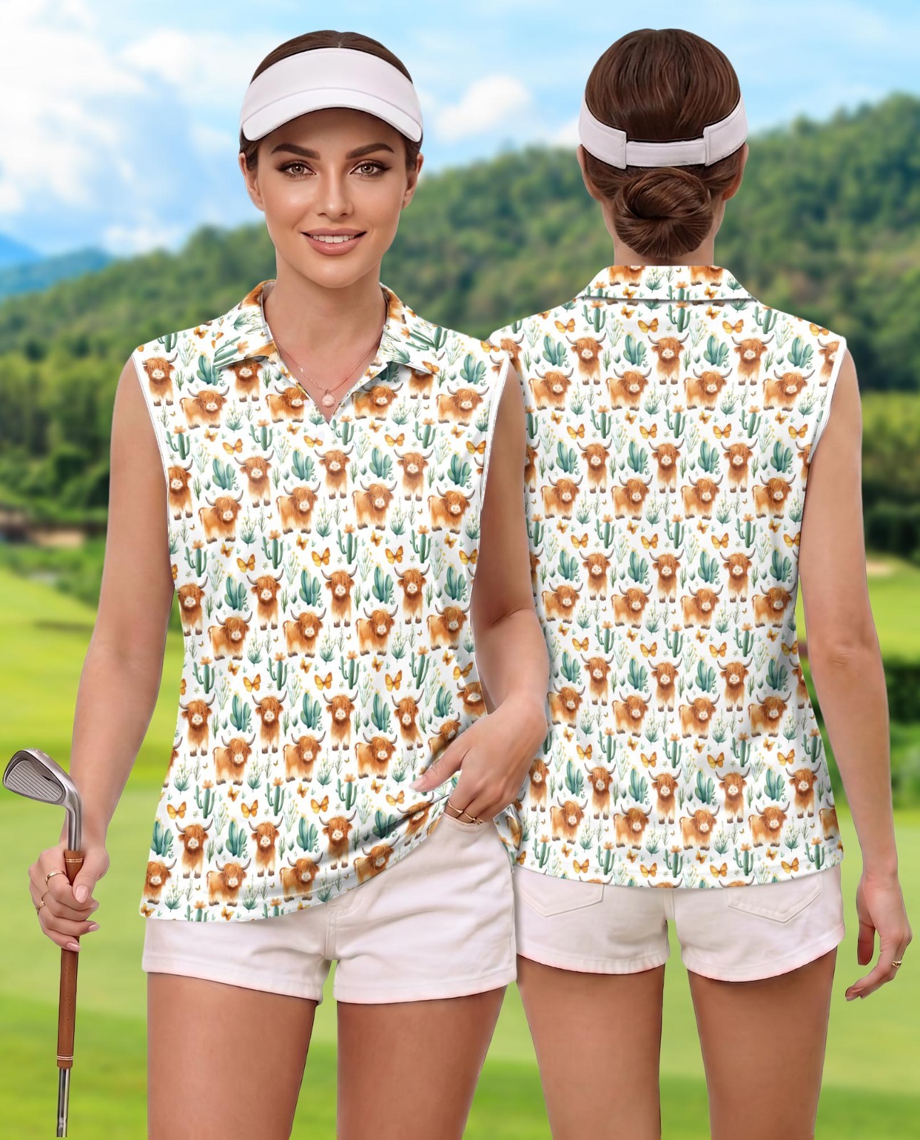 Women Sleeveless Polo Shirt Highland Cow Animal Western Graphic Top