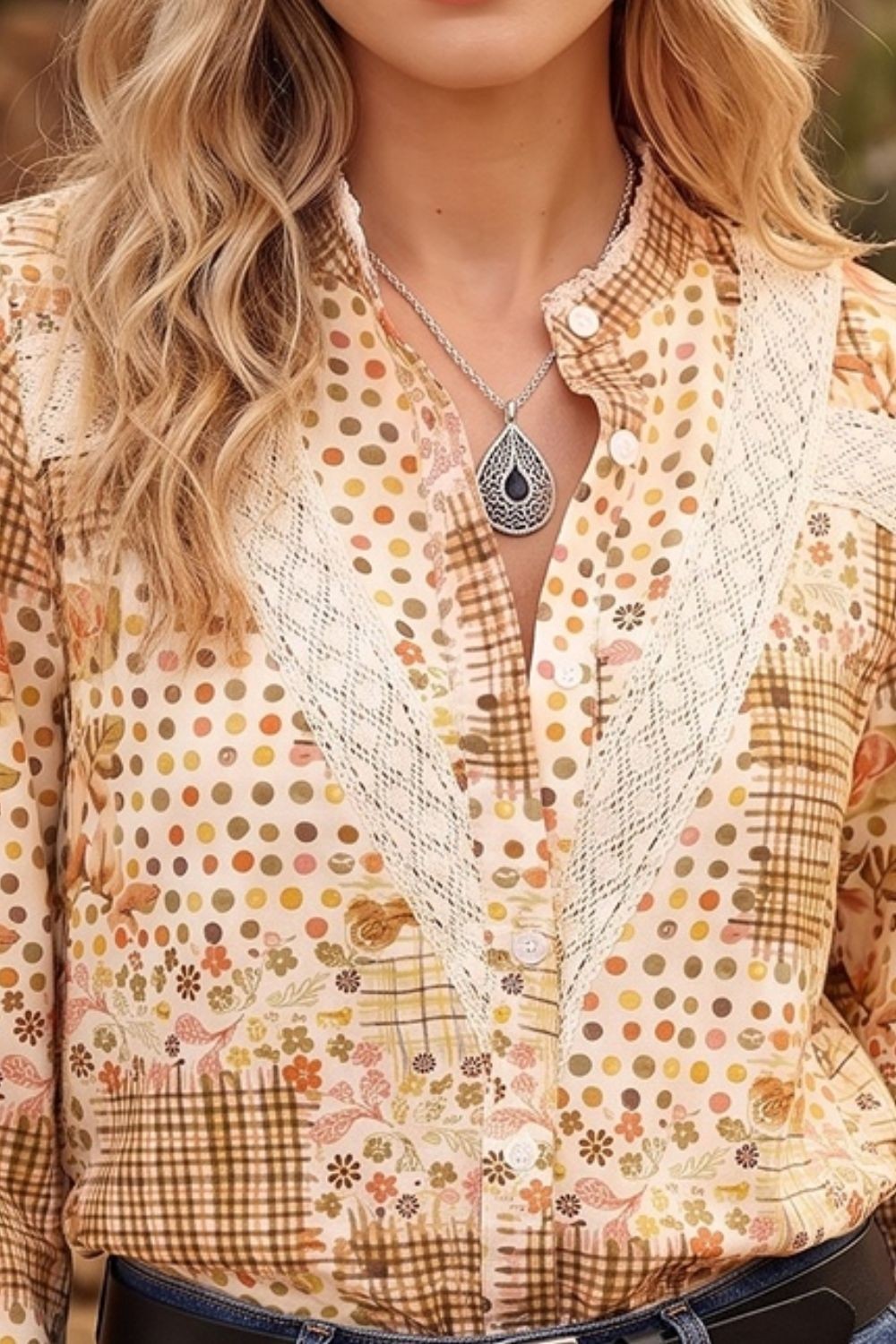 Women’s Floral Lace Trim Button Down Long Sleeve Shirt