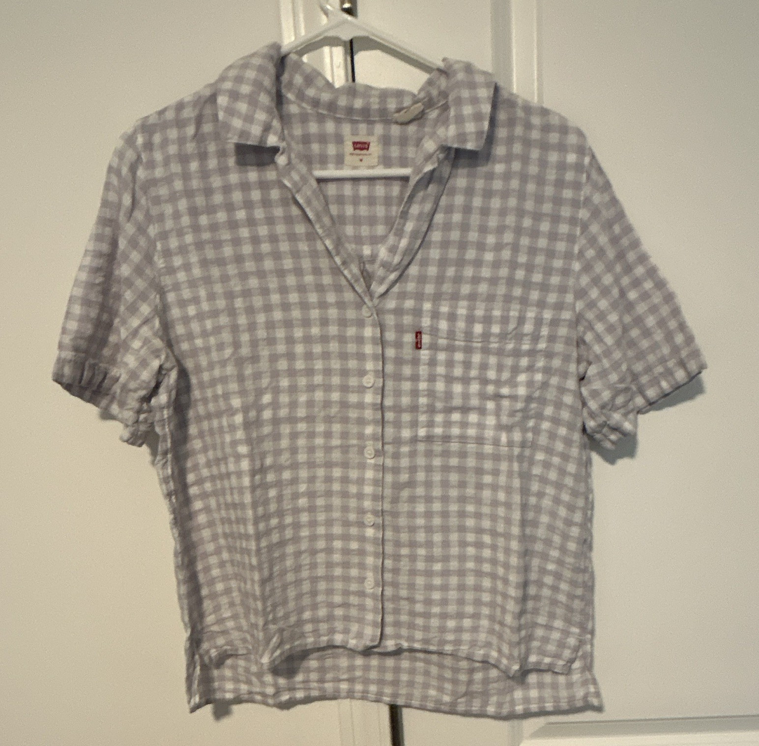 Levi’s Women’s Lilac/White Gingham Short Sleeve Button-Up Shirt M Cotton Pockets