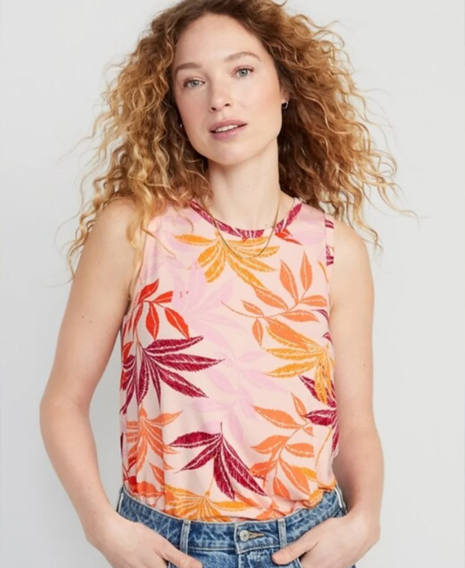 Old Navy LUXE sz L (Chest 42″) Pink Orange Leaf Print Jersey Tank Top New