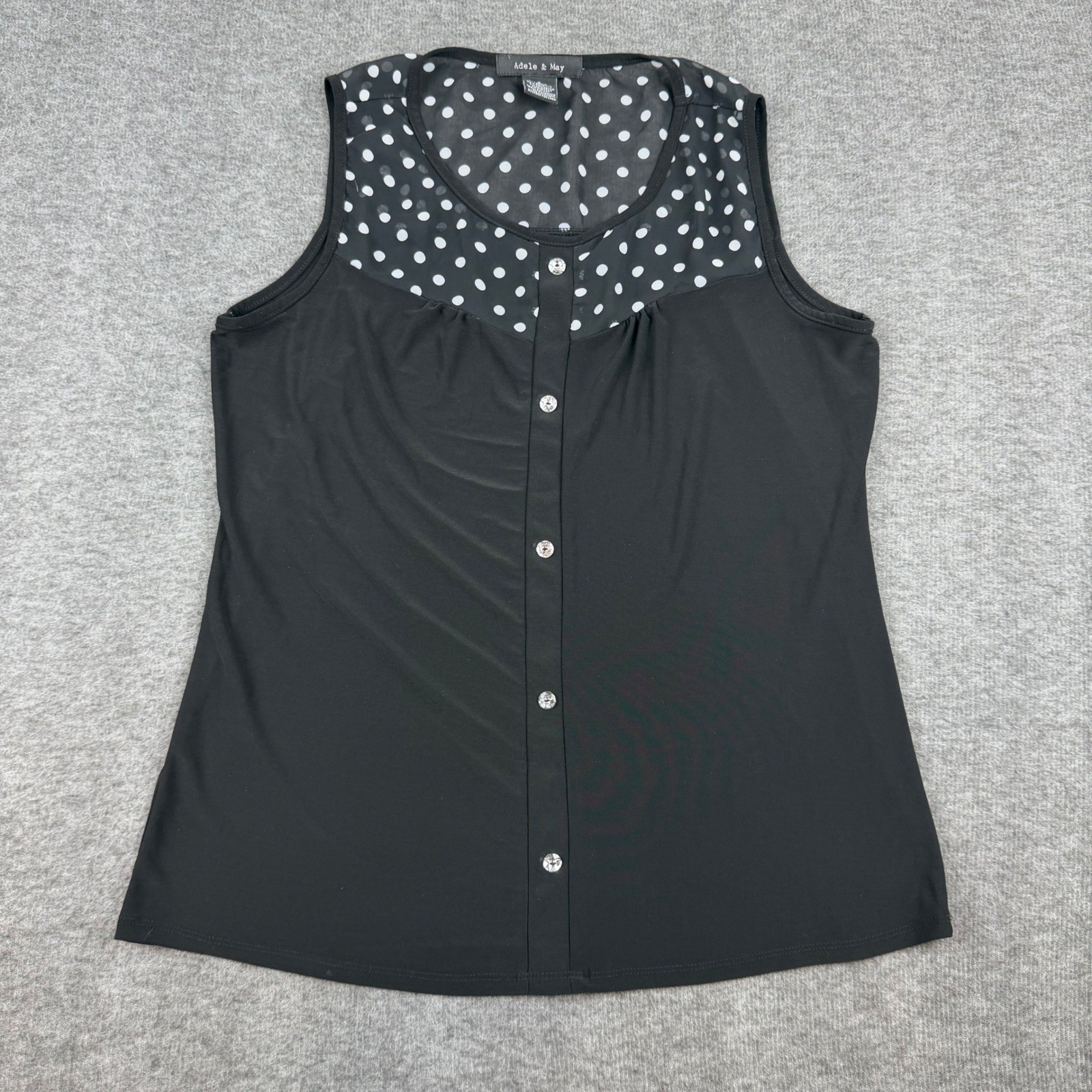Adele & May Sleeveless Top Womens Size S Black Polka Dot Sheer Yoke Button Front