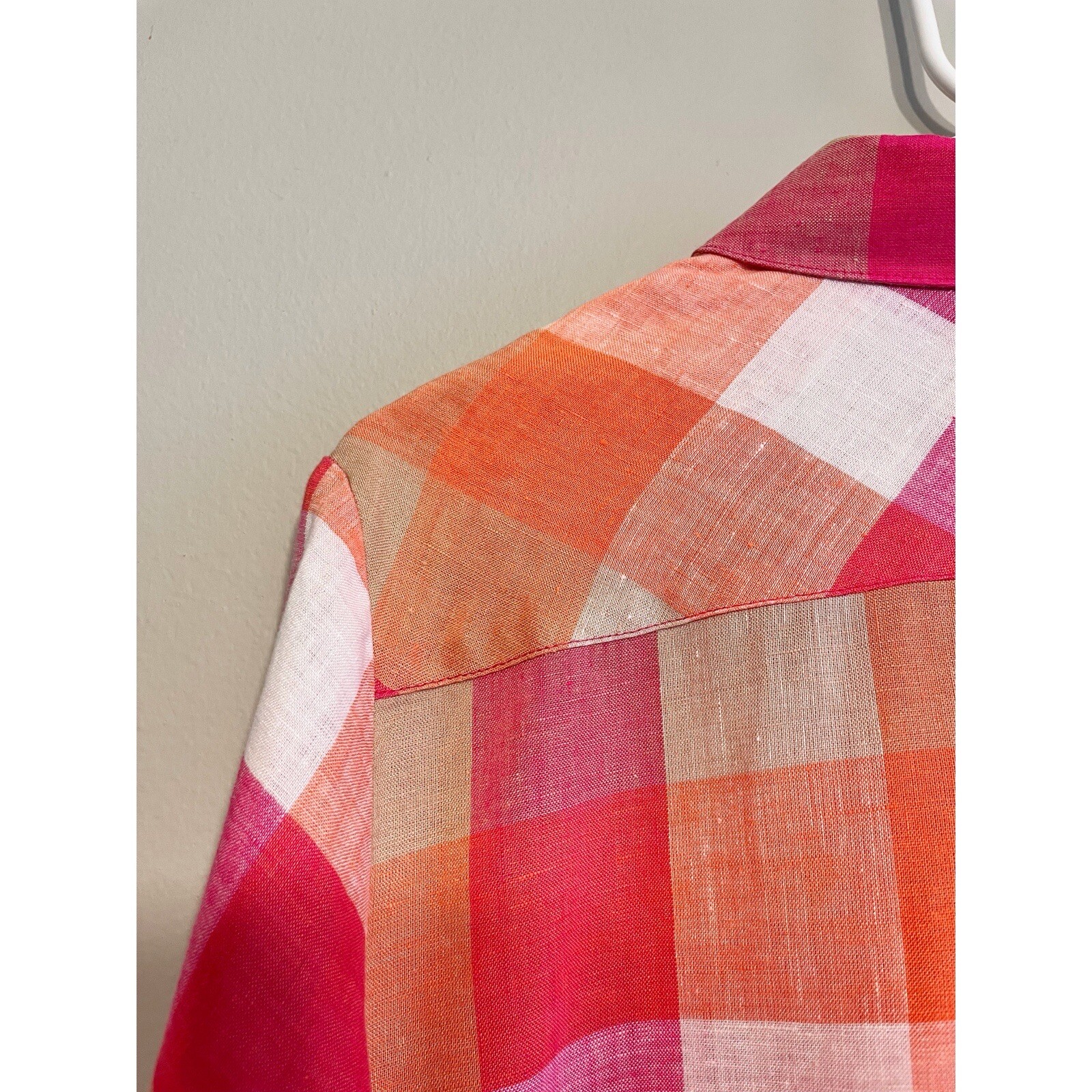 Foxcroft Easy Care Linen Tamara Check Top in Pink and Orange Petite 14