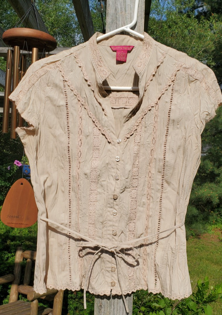 Sunny Leigh Tan Cotton Blend Crochet Lace Short Sleeve Tie Waist Top Size Small