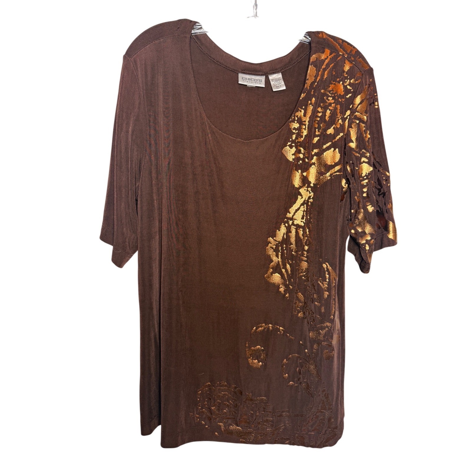 Chico’s Travelers Top Women Size 3 Brown Gold Acetate Metallic Foil XL