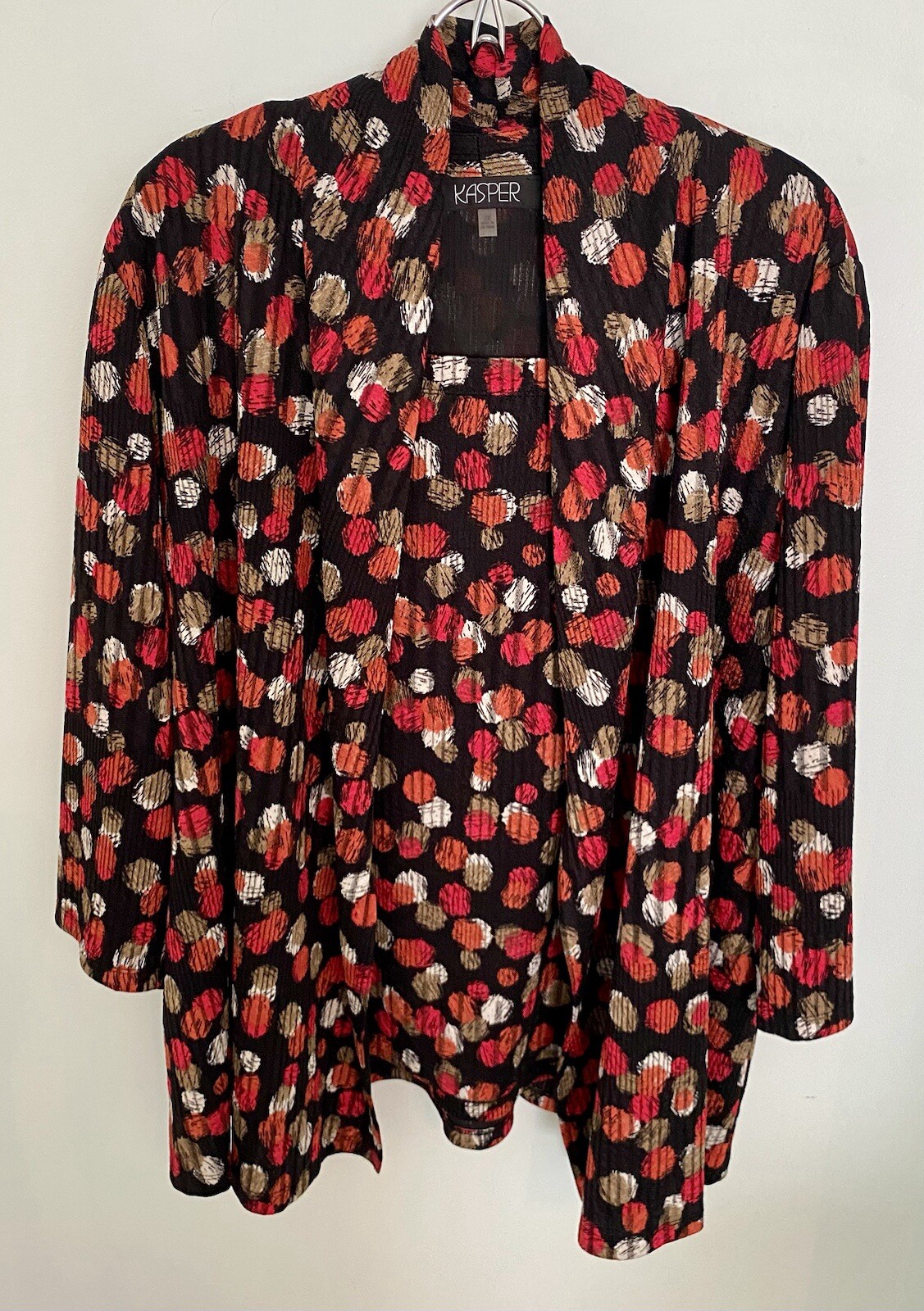 Kasper Women’s 2X 2-Piece Stretch Cardigan Sleeveless Shell Black Multi Dot FALL