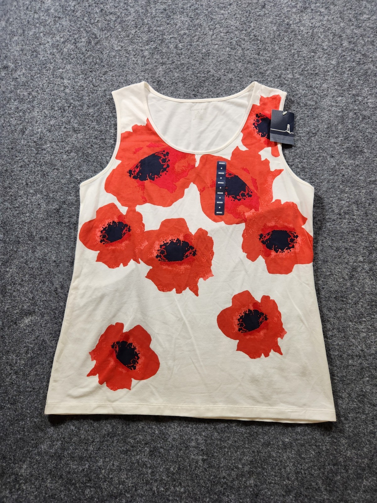 New LANDS’ END Tank Top Women Medium White Red Floral Poppy Stretch Sleeveless