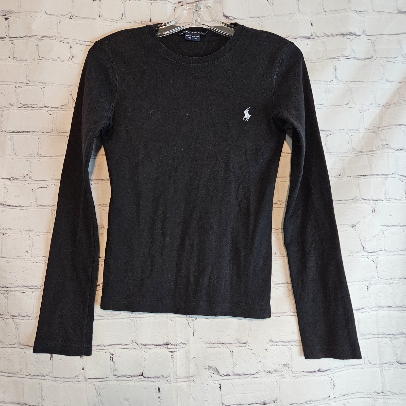 Ralph Lauren Sport Black Long Sleeve Crewneck T Shirt White Pony Logo SM