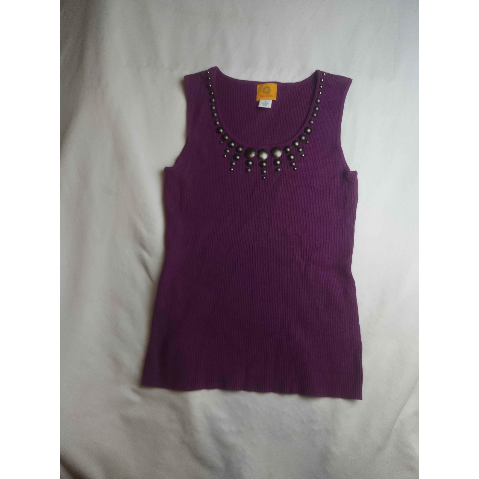 Ruby Rd Purple Ribbed Knit Sleeveless Studded Neckline Tank Top Medium