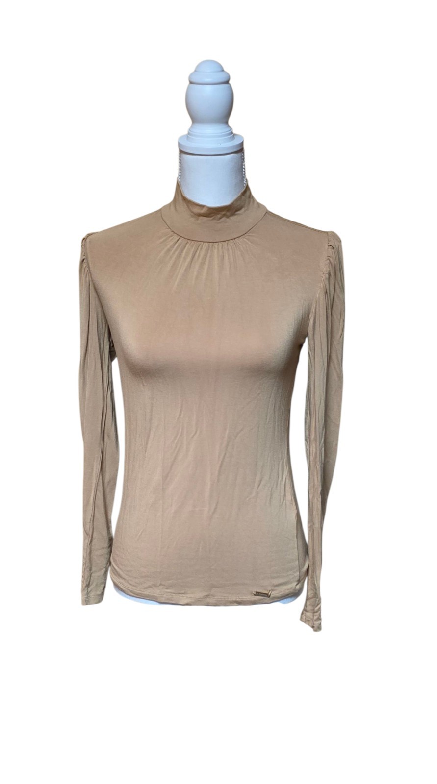 T Tahari Camel Tan Ruffled Shoulder Mock Turtleneck Blouse Small Women’s Office