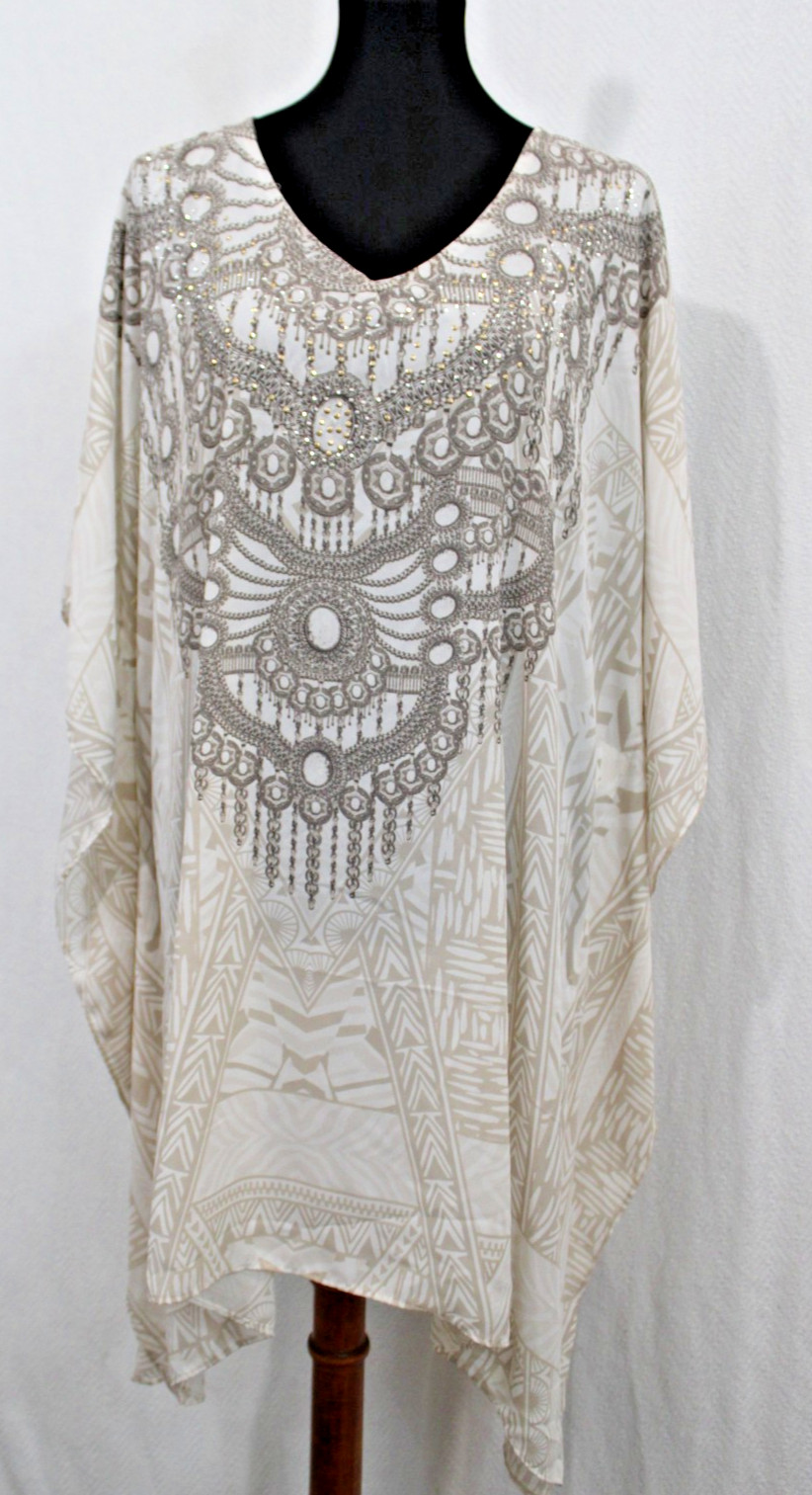 Millers Woman Sz 16 Ivory Beige Lightweight Poly Kaftan Tunic Top Studded