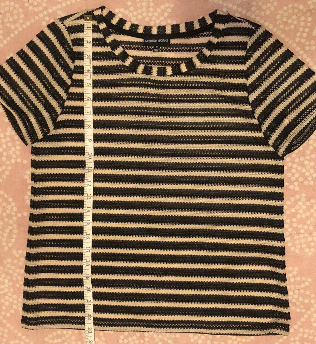 Modern Works S Black Beige Striped Open Crochet Short Sleeve Top Coastal Boho