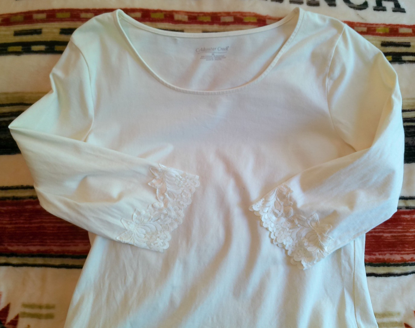 COLDWATER CREEK VTG MEDIUM PULLOVER CREAM LACE TRIM SCOOP NECK 3/4 SLV MACAU