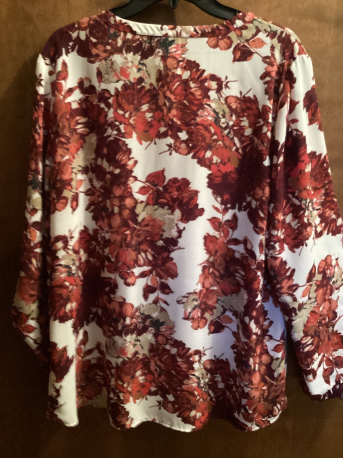 FALL Van Heusen L/XL Tunic Top Floral Leaves Burgandy Orange Brown Adjust Tabs